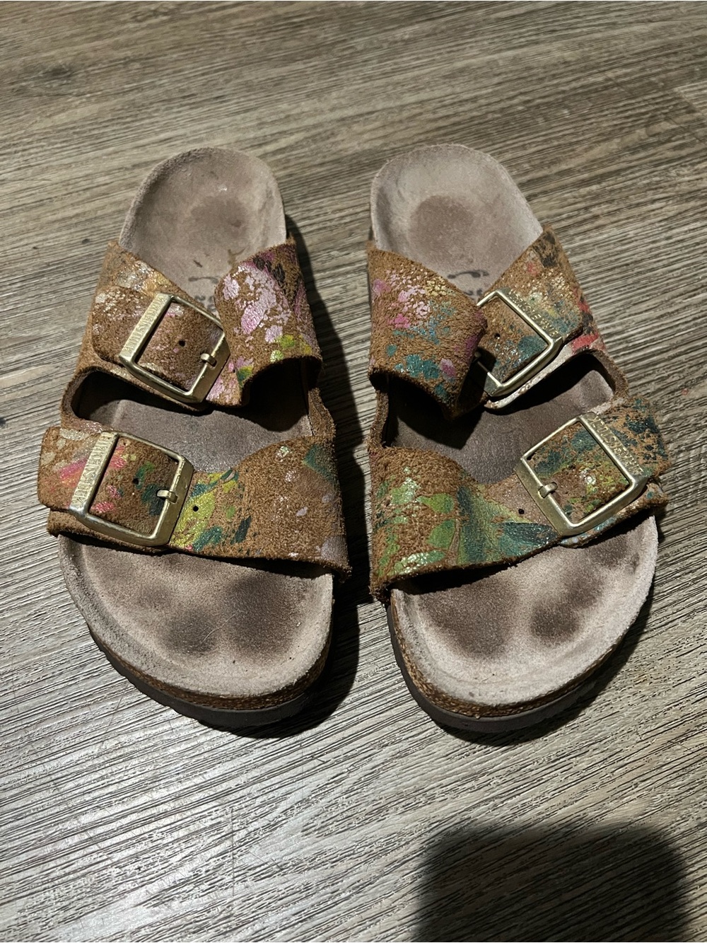 Birkenstocks Brown Suede Double-Buckle Sandals with Multicolor Splatter